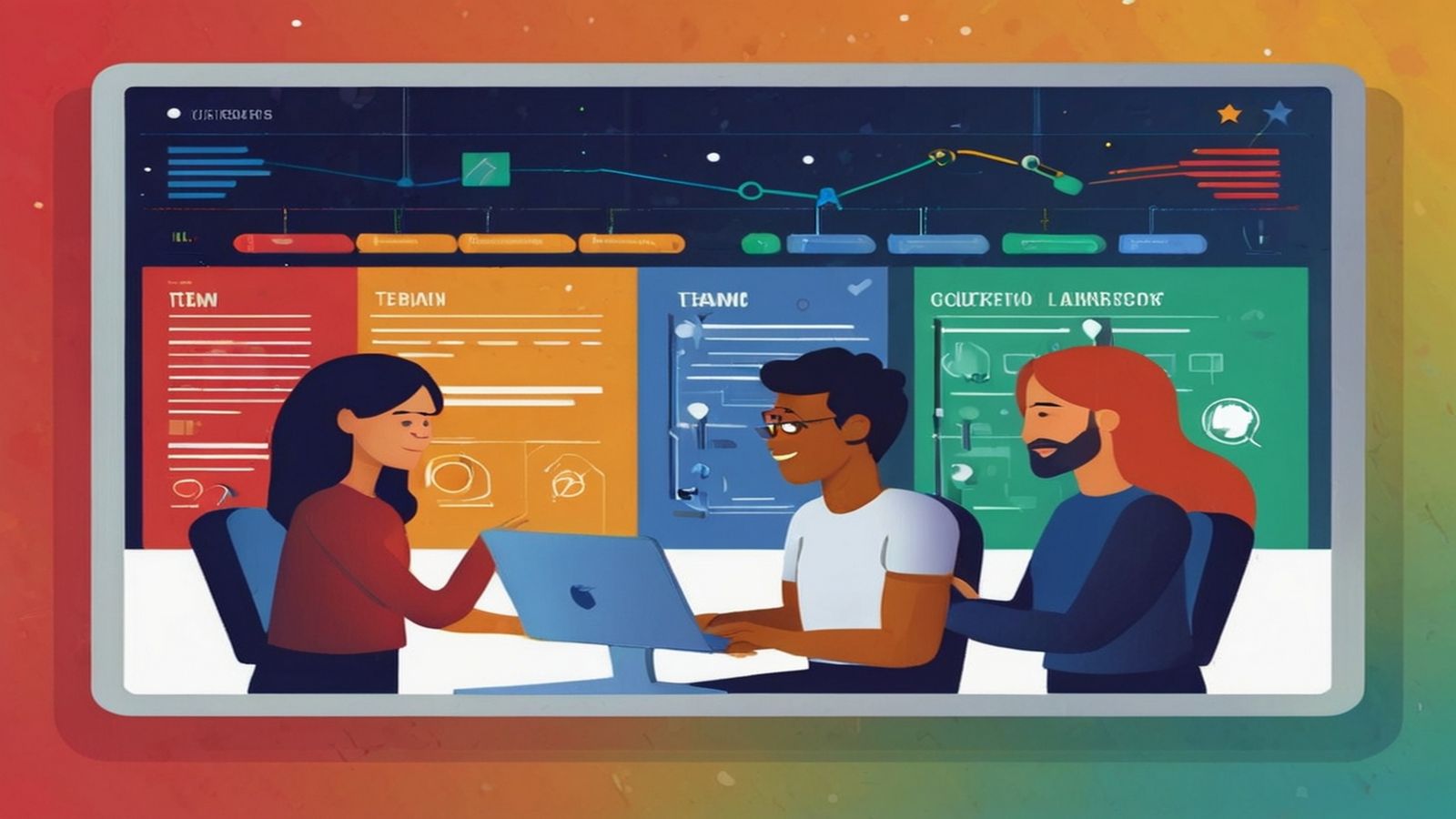 A small group of developers collaborating intensely around a shared screen