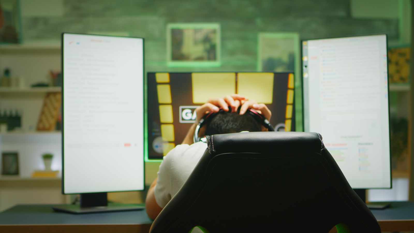 A stressed developer at a desk with multiple monitors showing error messages